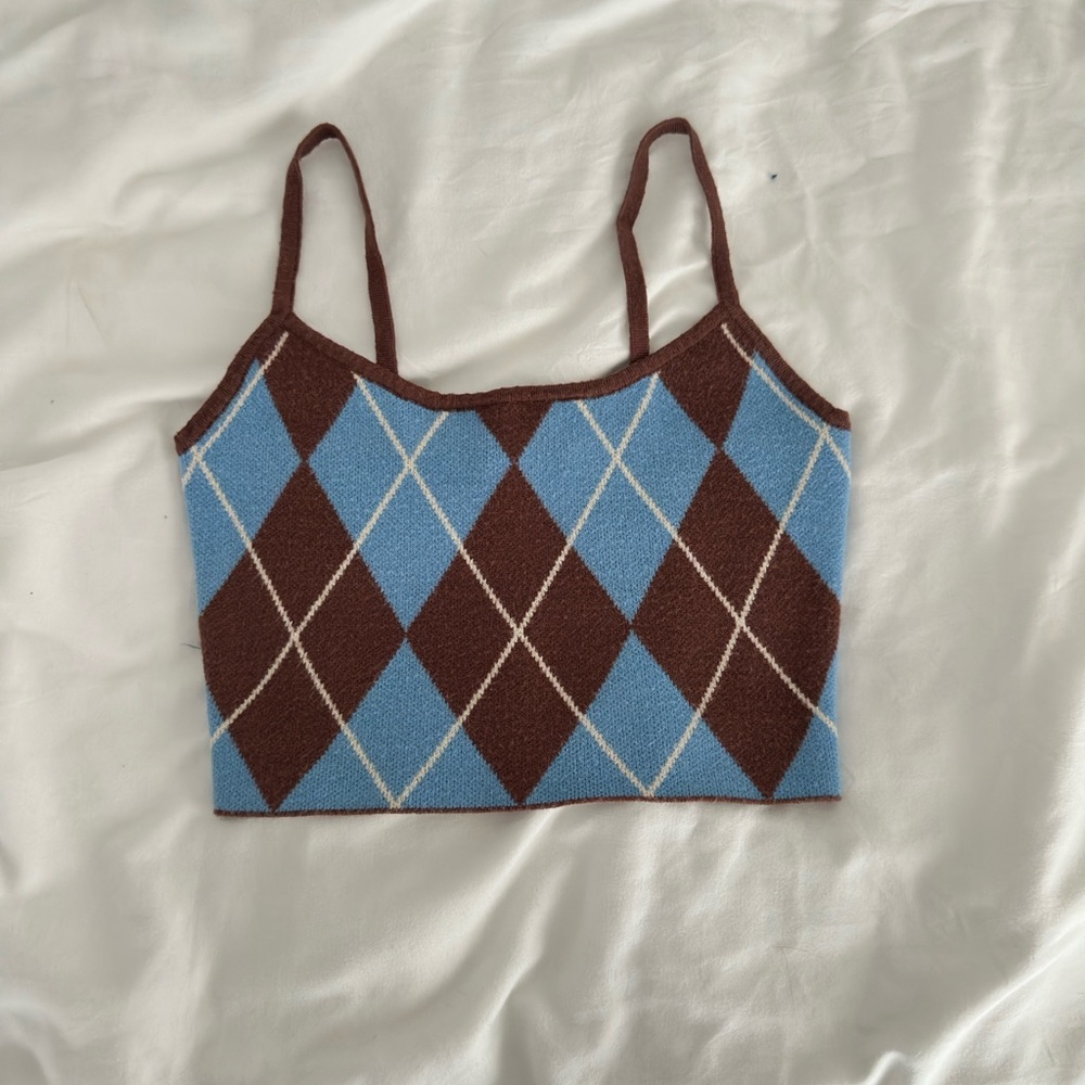 Kendall & Kylie Blue and Brown Argyle Crop Top